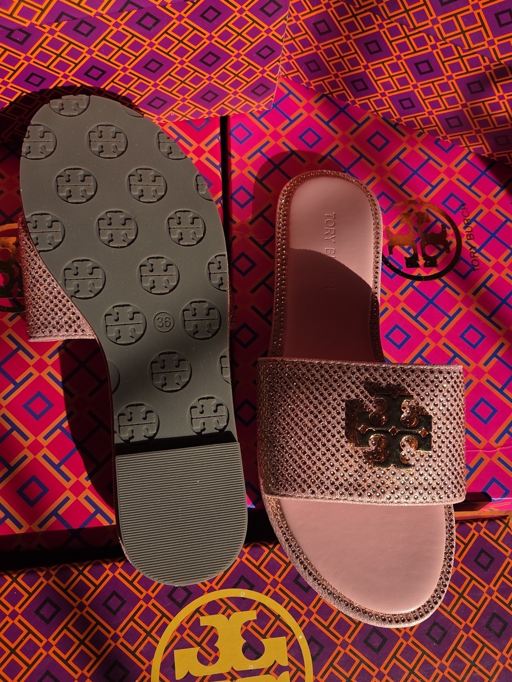 Tory Burch Rose Pink Crystal Logo Slide Sandals